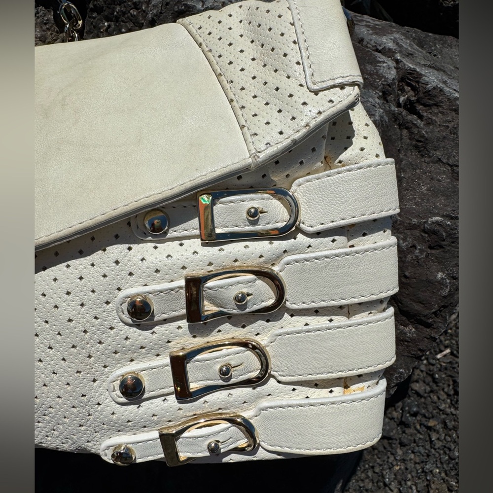 Jimmy Choo Egg Shell White Leather Perforated Shoulder Bag with Buckle Detail - Picture 12 of 17